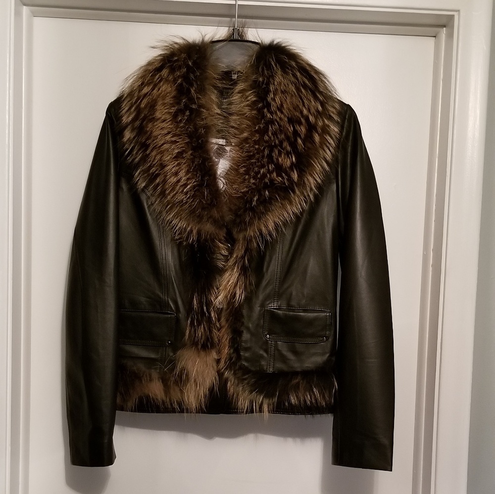 100% Italian Leather Jacket w/Fox Collar and Trim